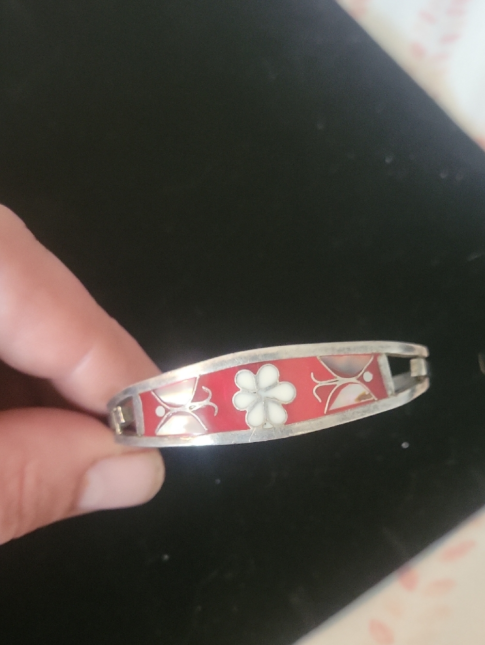 Silver Tone Red Enamel Flower Bangle Bracelet